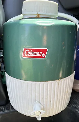 $18.99 • Buy Vintage COLEMAN Water Jug Cooler Drink Dispenser Green White 2 Gallon With Cup