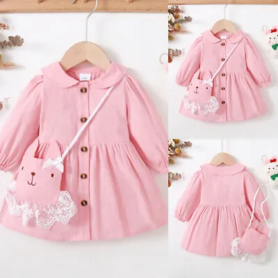 Baby Girls Button Down Shirt Dress+Bag Set Toddler Long Sleeve Dress Outfits UK • £9.29