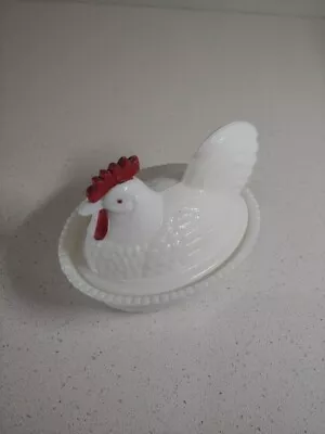 Milk Glass 5.5  Hen On Nest Covered Dish Hand Painted  Vintage AS IS • $5.99
