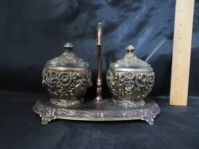 Vintage Condiment Set Glass Inserts & 1 Spoon Made In Japan Silverplate • $34.99