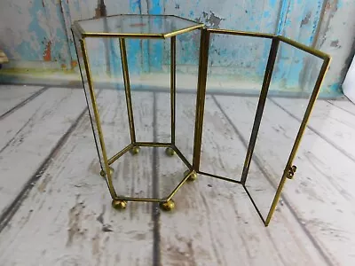 Vtg Hexagon Glass & Brass Display Case 7  Table Top Trinket Box Display W/ Door • $36.57