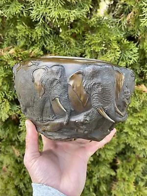 Antique Meiji Period Bronze Vase Bowl Lions Attacking Elephants Japanese Signed • $2999.99