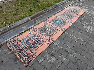 Extra Long Vintage Hand Knotted Oushak Runner  Orange Turkish Runner Rug • $231