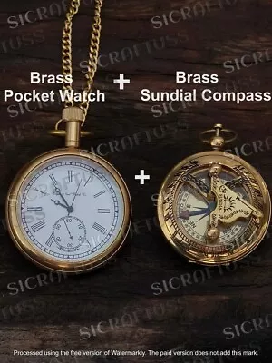 Antique Vintage Elgin Brass Pocket Watch With Brass Pocket Sundial Compass Gift. • $31.81