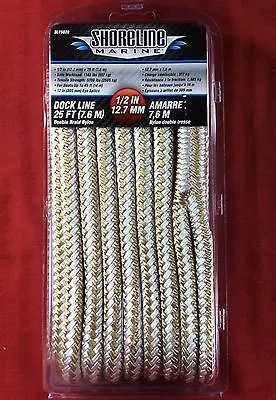 DOCK LINE DOUBLE BRAIDED NYLON 1/2  X 25' GOLD & WHITE ROPE SHORELINE SL75826 • $19.99