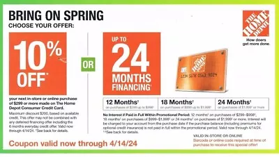 HOME DEPOT Coupon 10% Off Online / In Store OR 24 Months Financing Exp 04/14/24 • $25