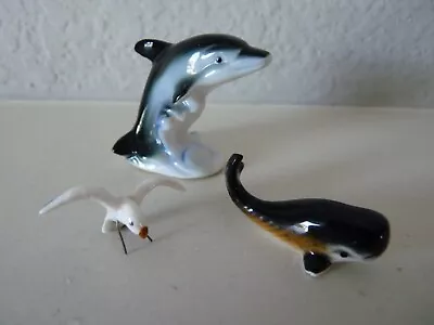 Miniature Sealife Figures Set Of (3) Dolphin Whale & Seagull Bone China • $6.99