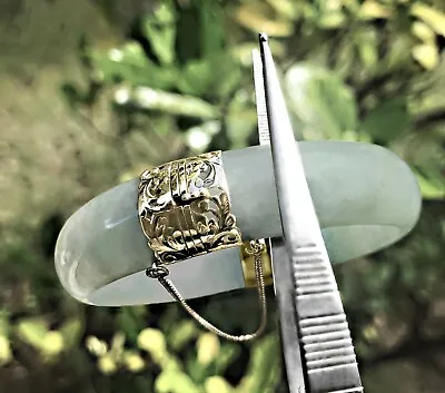 MING'S Honolulu Celadon JADEITE 14mm Hinged BANGLE W/ Safety Chain 14k Gold 7  • $2900