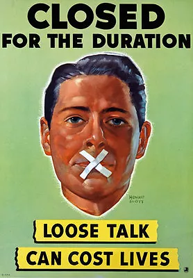 2W43 Vintage WWII Closed Loose Talk Costs Lives Wartime War Poster WW2 A4 • £2.93