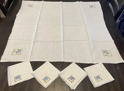 Vintage Bridge Or Small Tablecloth & 4 Napkins Set Hand Embroidered Blue Accents • $18