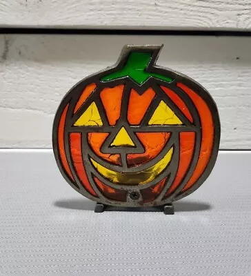 Vintage Cast Iron Glass Jack-O-Lantern-Stained Glass Candle Holder Halloween D3 • $25
