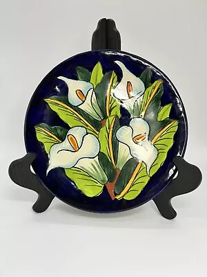 Talavera Mexican Pottery Decorative Hanging Plate Calla Lilies Cobalt Blue • $15