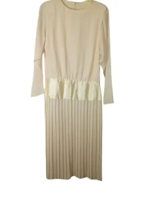 Vintage Another Spice Womens MIdi Dress Cream Pleated Drop Waist Junior 9-10 • $11.78