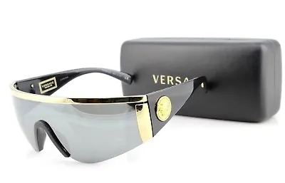 RARE New VERSACE TRIBUTE Black Silver Mirror Shield Sunglasses VE 2197 10006G • $699.95