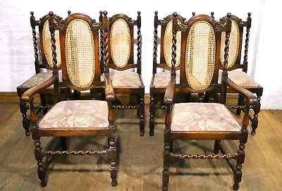 Antique Carved Oak Set Of 6 Spiral Barley Twist And Bergere Cane Dining Chairs • £550