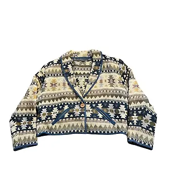 Vtg New Identity Cotton Crop Tapestry Woven Aztec Western Blanket Coat Jacket L • $34.28