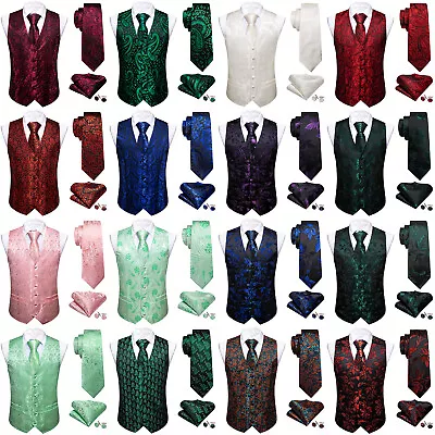 4PC Mens Wedding Waistcoat Pink Floral Silk Jacquard Vest Suit Tie Set Casual • $18.99