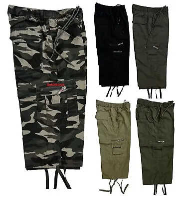 Mens Plain 3/4 Combat Long Length Shorts Elasticated Waist Cargo Three Quarter • £7.99