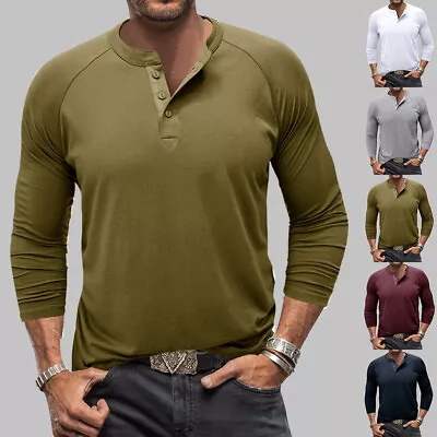 Men Long Sleeve V Neck T Shirt Blouse Casual Solid Slim Fit Button Pullover Tops • $26.59