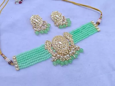 Indian Bollywood Kundan Beaded Chokers Necklaces Set For Women's- Light Green • $52.25