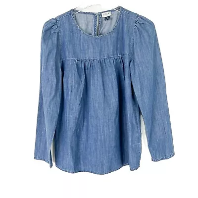 J. Crew Factory Chambray Puff-Sleeve Top In Cotton-Tencel Blue Size XS EUC A875 • $16.24