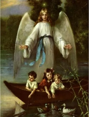 Vintage Guardian Angel Children Lake Boat Ducks Religious Canvas Art Print • $25.75