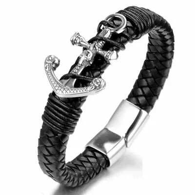 MENDEL Mens Viking Nautical Leather Anchor Bracelet Wristband Stainless Steel • $16.99