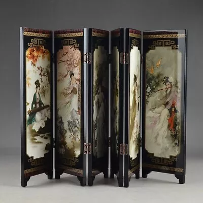 Mini Oriental Room Screen Divider 6 Panel Chinese Lacquer Folding Home Decor • $180.02