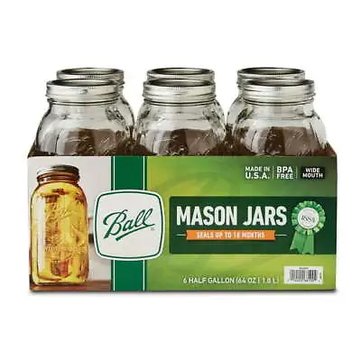6 Count Wide Mouth 64oz Half Gallon Mason Jars With Lids & Bands • $18.89