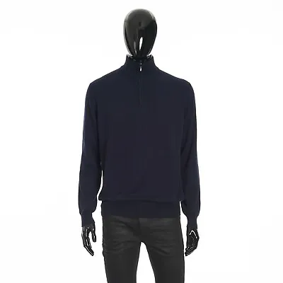 LORO PIANA 1625$ Mezzocollo Half Zip Sweater In Navy Blue Baby Cashmere • $1625