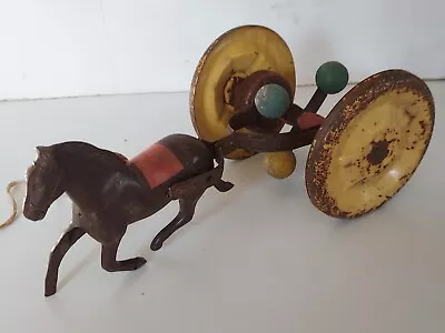 Vintage Tin Tug Along Toy Horse Hores Is Plastic With Noisy Bells On Axel  • $15