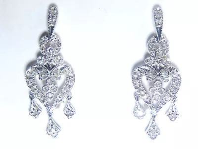 *VINTAGE ART DECO*  10K White Gold 1/3CT Diamond Heart Drop/Dangle Post Earrings • $329