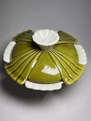 USA Calif Pottery Bowl & Lid Green And White Mid Century Modern VTG MCM • $16.25