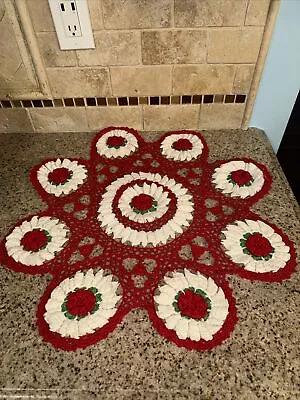 Vintage Crochet Doily Christmas Red Green White 24 X 22 Holiday Table Topper J80 • $14.99