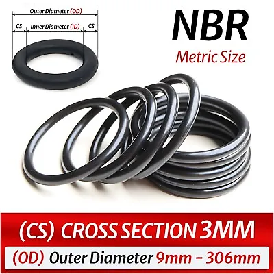3.0mm Cross Section O Rings NBR Nitrile Rubber 9mm-306mm OD Oil Resistant Seals • £1.98