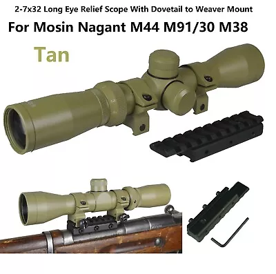 Tan Mosin Nagant 2-7x32 Long Eye Relief Scout Scope W Mount For M44 M91/30 & M38 • $64.99