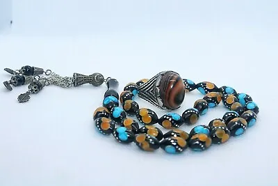 Islamic Collection Solomon Agate Handmade Silver Ring  Masbaha 33 Prayer Beads • $174.25