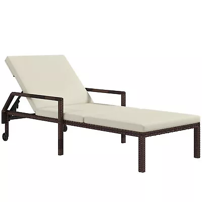 Outsunny Rattan Wicker Chaise Sun Lounger Garden W/ Adjustable Backrest & Wheels • £96.99