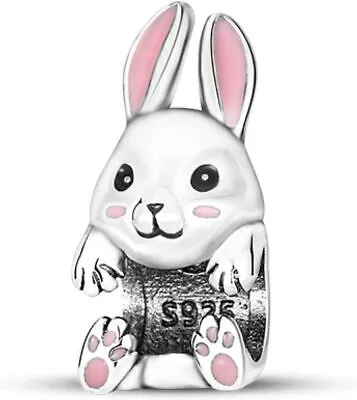 Genuine Sterling Silver 925 Cute Pink Bunny Hugging Rabbit Charm Love Pet  • £12.99