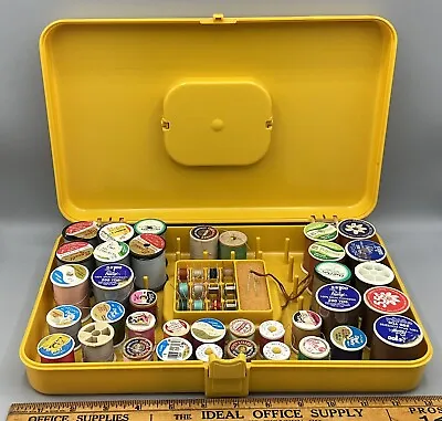 Vtg Wilson Wil-Hold Plastic Sewing Box/Case Yellow Thread Holder With Contents • $21.99