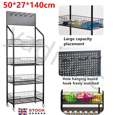 4-Layer Wire Mesh Supermarket Store Retail Display Rack Shelf With Wheel Hooks • £88.99