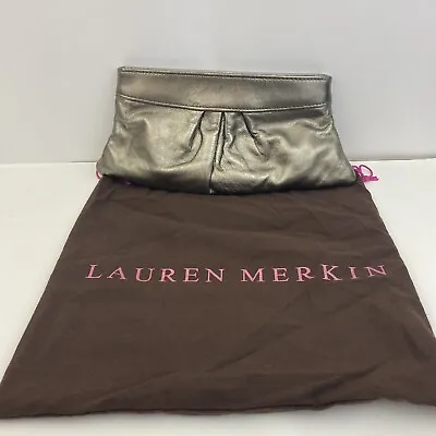 Lauren Merkin Womens Metallic Leather Hinged Frame Clutch Handbag Silver • $23.80