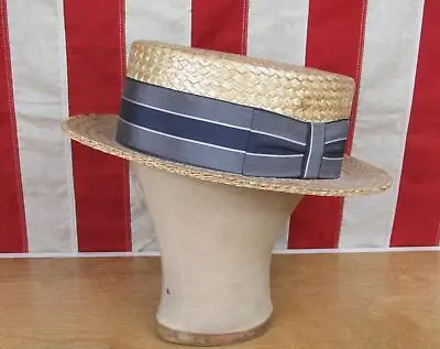 Vintage 1930s Dobbs Straw Boater Hat Blue/Silver Ribbon Skimmer Antique 7 1/4 • $98.10