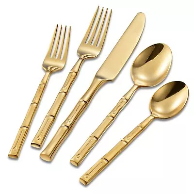 Flatasy Flatware Set Gold Silverware Set With Bamboo Pattern Mirror Polished 20 • $110.23