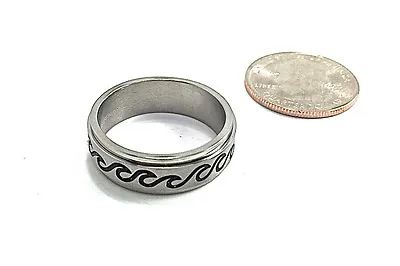 Stainless Steel Mens Ring Band With Black Waves Design Size 13 14 Or 15  • $5.98