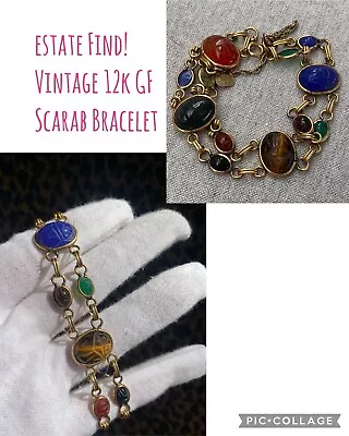 Vintage 12k GF Gold Filled Scarab Beetle Bracelet Signed • $99