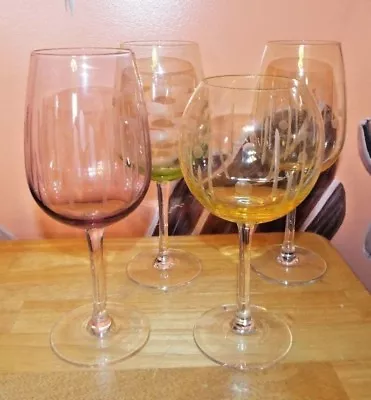 Set Of 4 Colorful Laser Etched Wine Glasses. Yellow Green Purple • $29.95