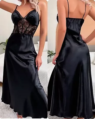 Glossy Black LONG SATIN NIGHTGOWN Full Slip GOWN Oily Sissy Low Back XL 40 42 • $42.17