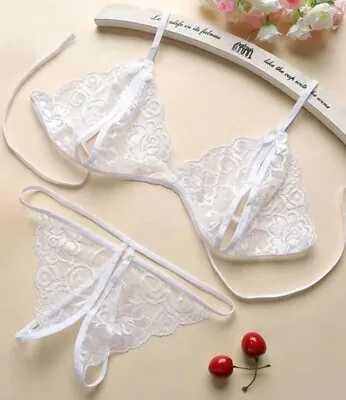 £9.99 • Buy White Lace Underwear Open Nipple Bra Crotchless Panty Sexy Lingerie Porn 8 10 