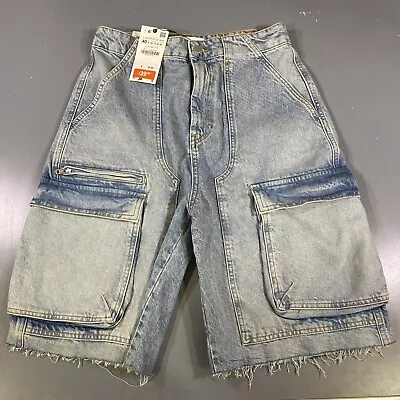 Zara Utility Bermuda Shorts New High Waist US 8 Cargo Indigo Denim Size 40 • $24.97